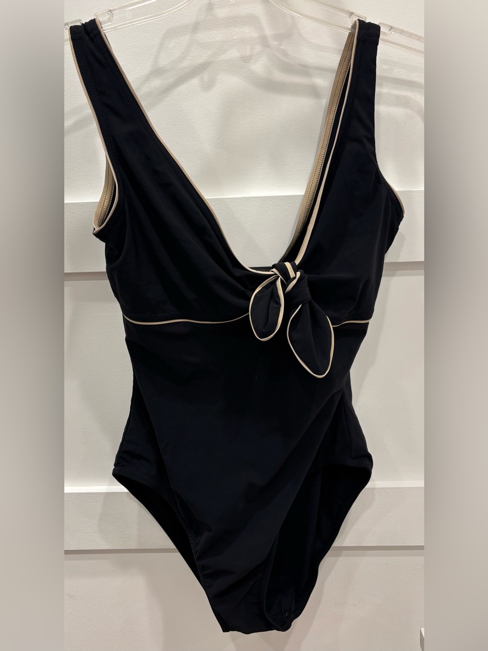 Karla Colletto Carmelle Black One-Piece Swimsuit w/ Tan Trim and Front Bow Knot